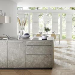 Modern Kitchen With A Grey Marble Look Kitchen Island